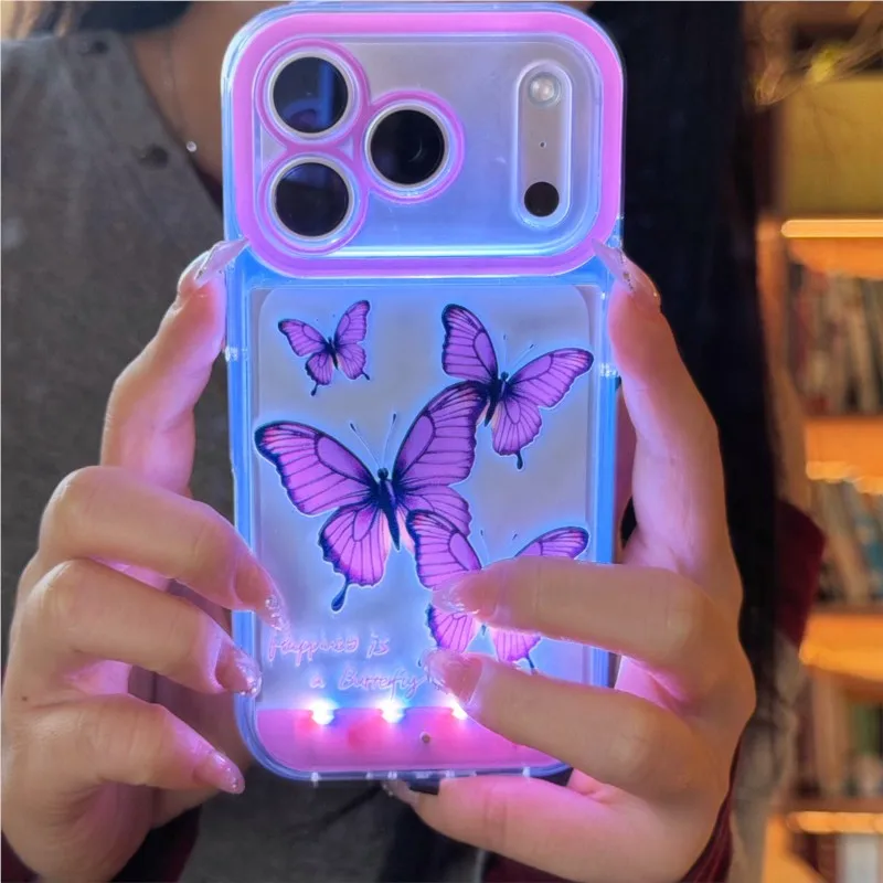 Luminous Purple Butterfly Pattern Phone Case with Light-Up Design