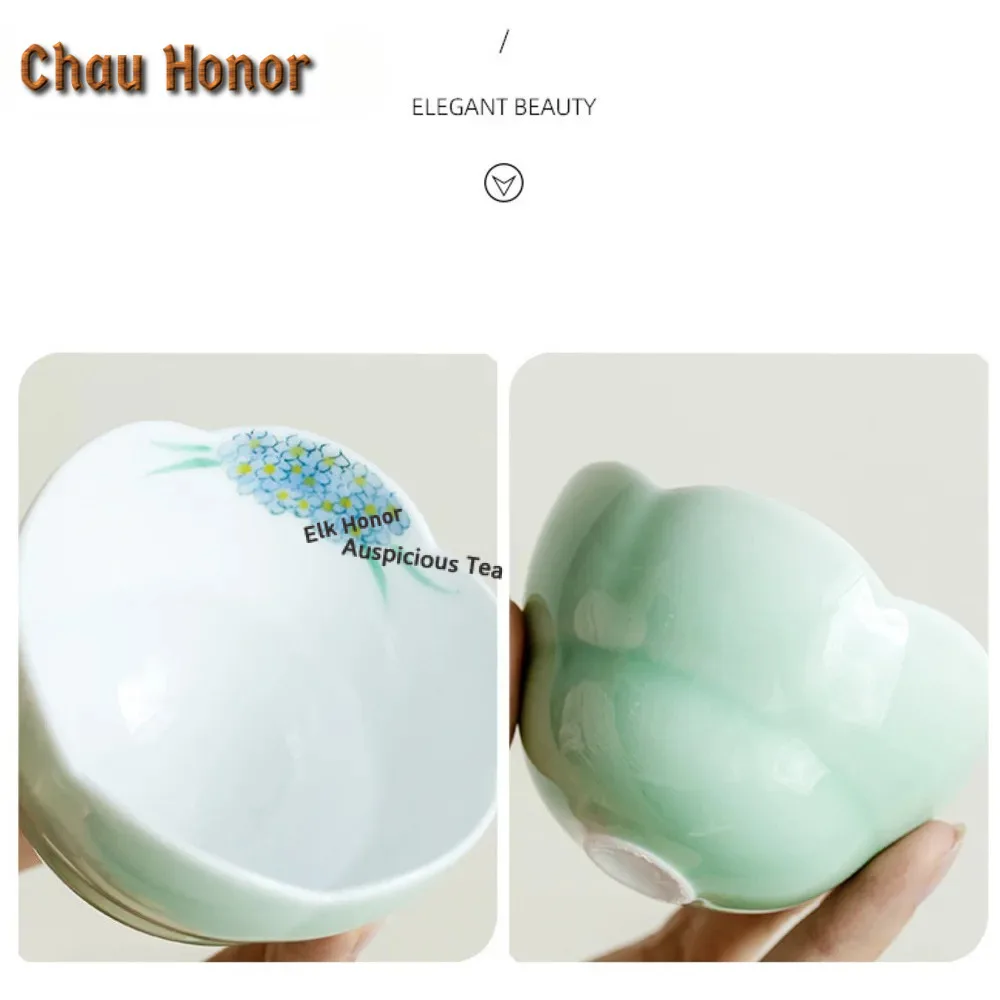 95ml Pure Handdrawn Embroidery Ball Flower Ceramic Teacup Plum Green Petal Tea Bowl High Foot Master Cup Female Jianzhan Teaware