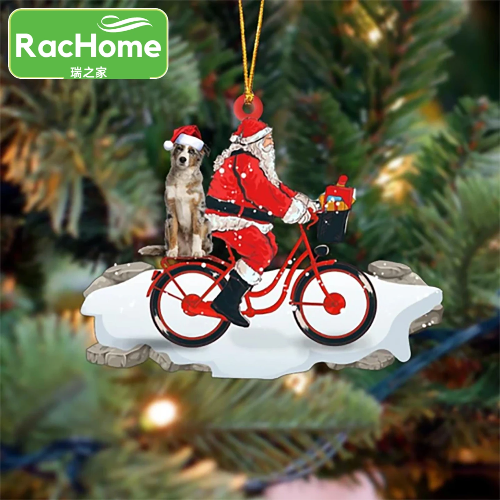 Papá Navidad monta una bicicleta con adorno de perro, árbol de Navidad colgante, decoración plana 3D, acrílico, decoración de Navidad| | - AliExpress
