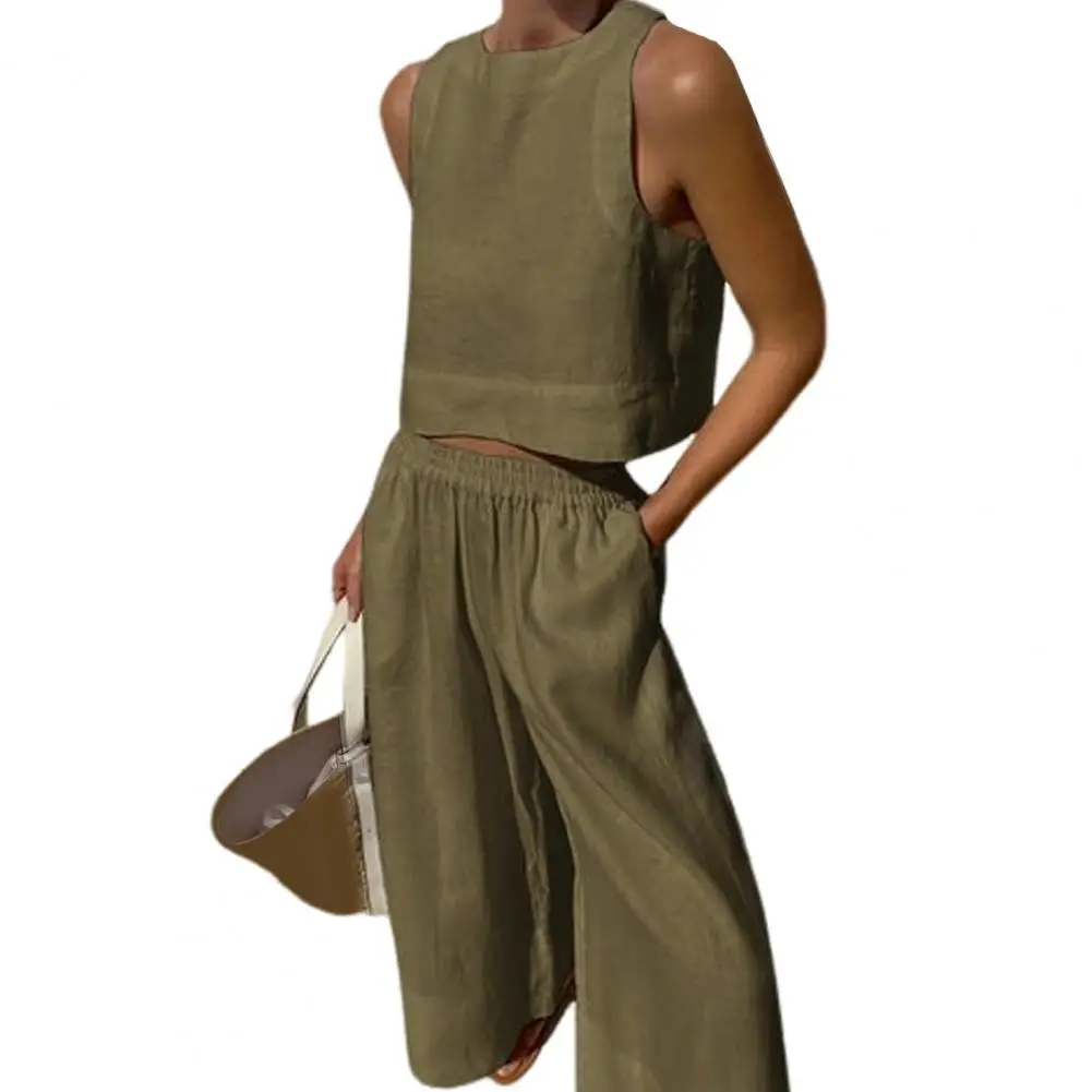 Solid Color Vest Pants Set Stylish Women's Vest Pants Set with High Waist Pockets Wide Leg Design Sleeveless Crop Top for Casual
