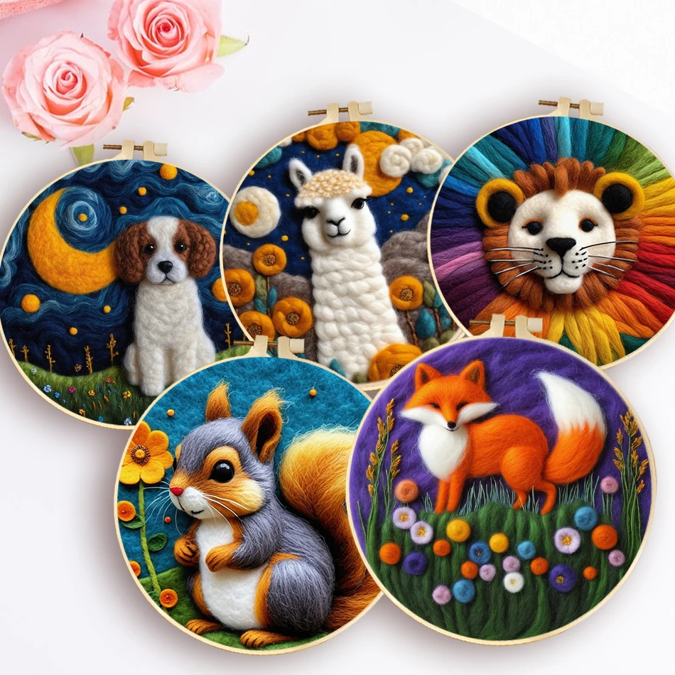 20x20cm Diy Wool Felting Painting Needle felt kit Needle felting wool Wool felting needles Wool felting kit With Frame Felt Kit Animal Squirrel Wool Needle Felt Picture Kit Craft New Gift