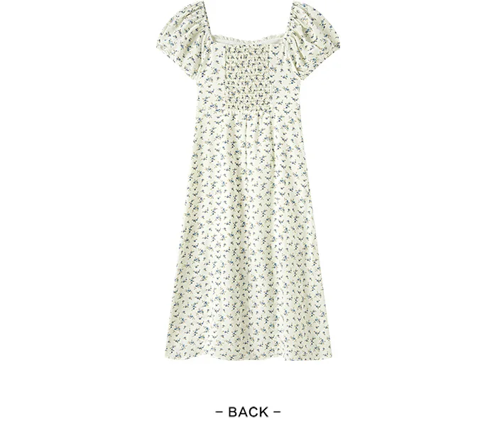 Dress Women Split Bubble Sleeve Medium Long Dress Summer New Square Neck Chiffon Floral Dress Romantic Elegant