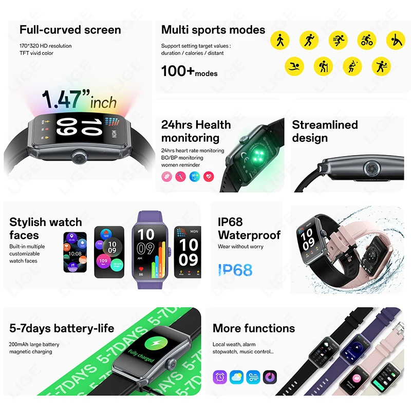 LIGE 2025 1.47" 3D Curved Screen Smart Watch For Android IOS Bluetooth Call Blood Oxygen Heart Rate Monitor Smartwatch Women Men