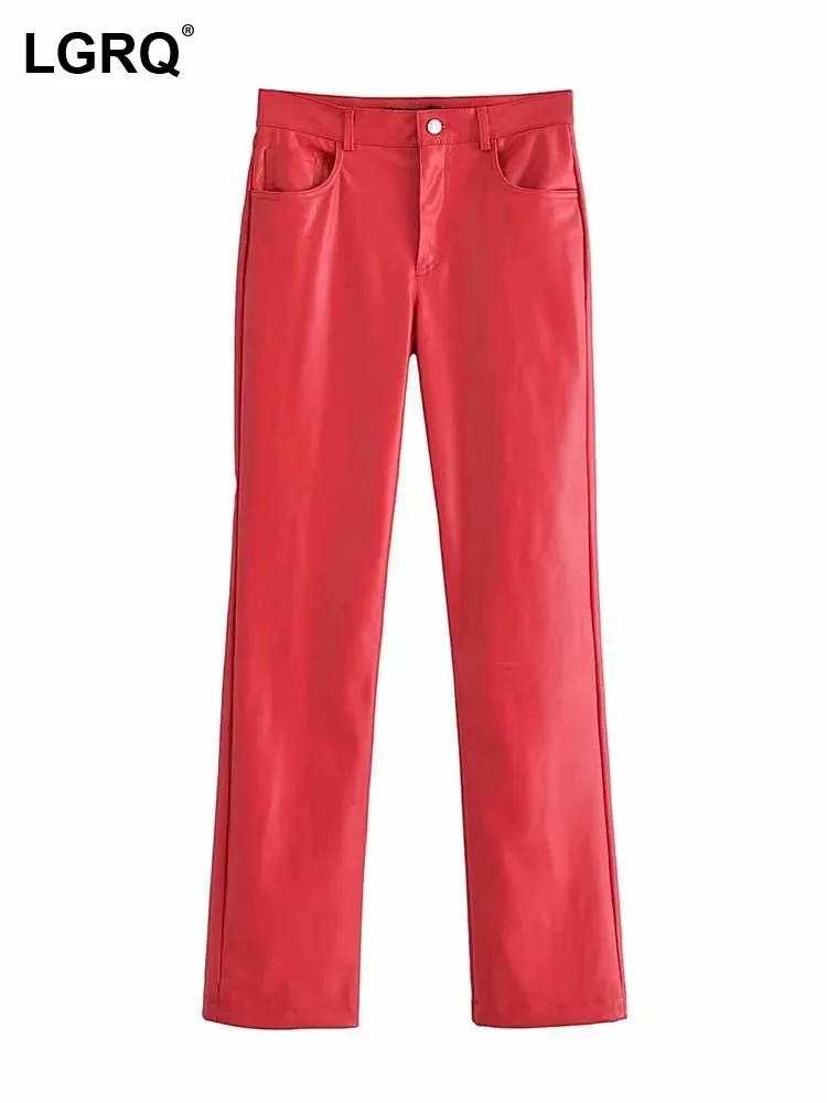 

LGRQ 2023 Fashion Elegant Straight Tube Casual Imitation Leather Pants Women's Trendy High Street Solid Color Trousers 19F4585