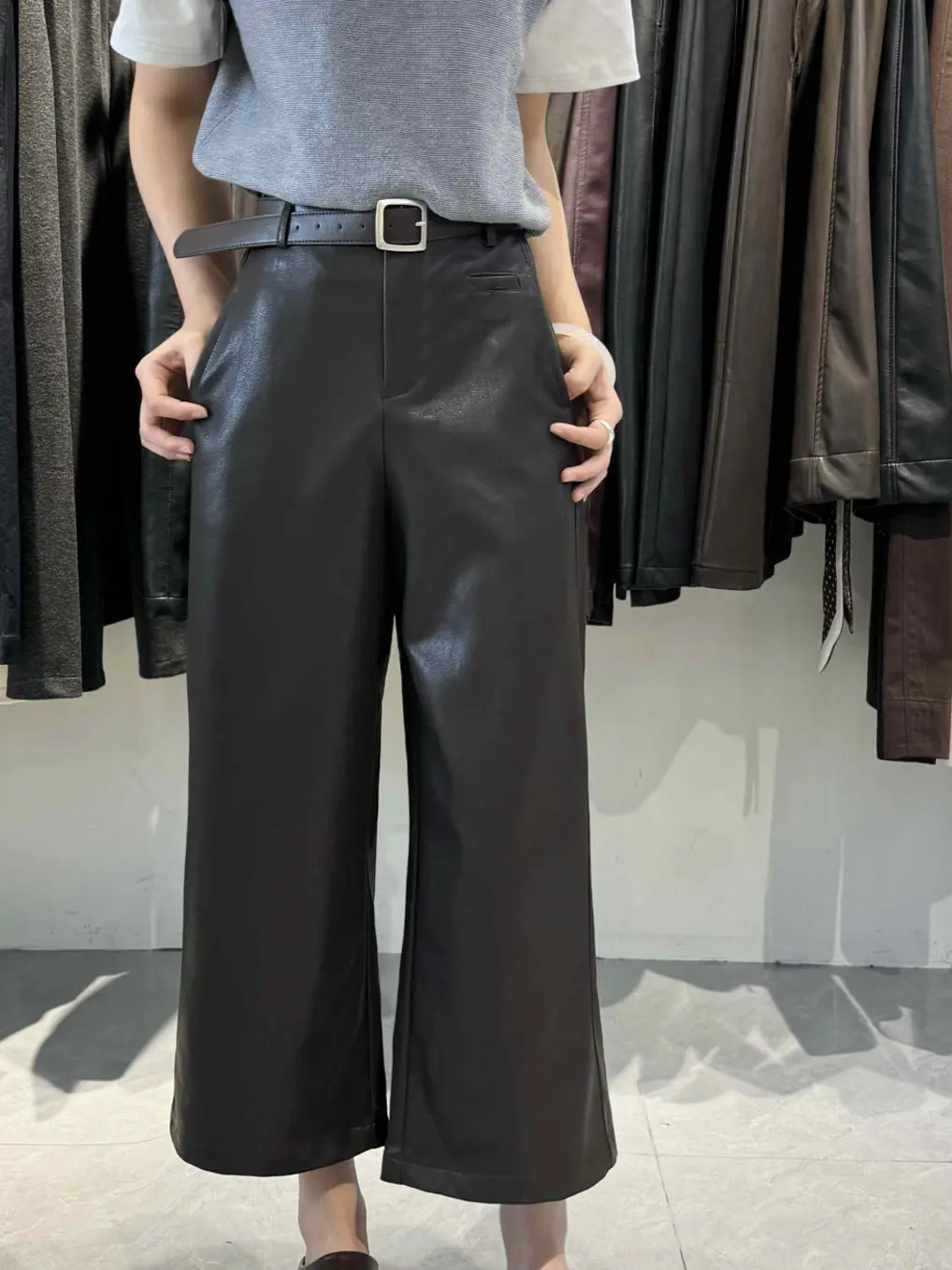 High Waist Wide Leg PU Leather Pants Bla Faionable Versatile Casual ...