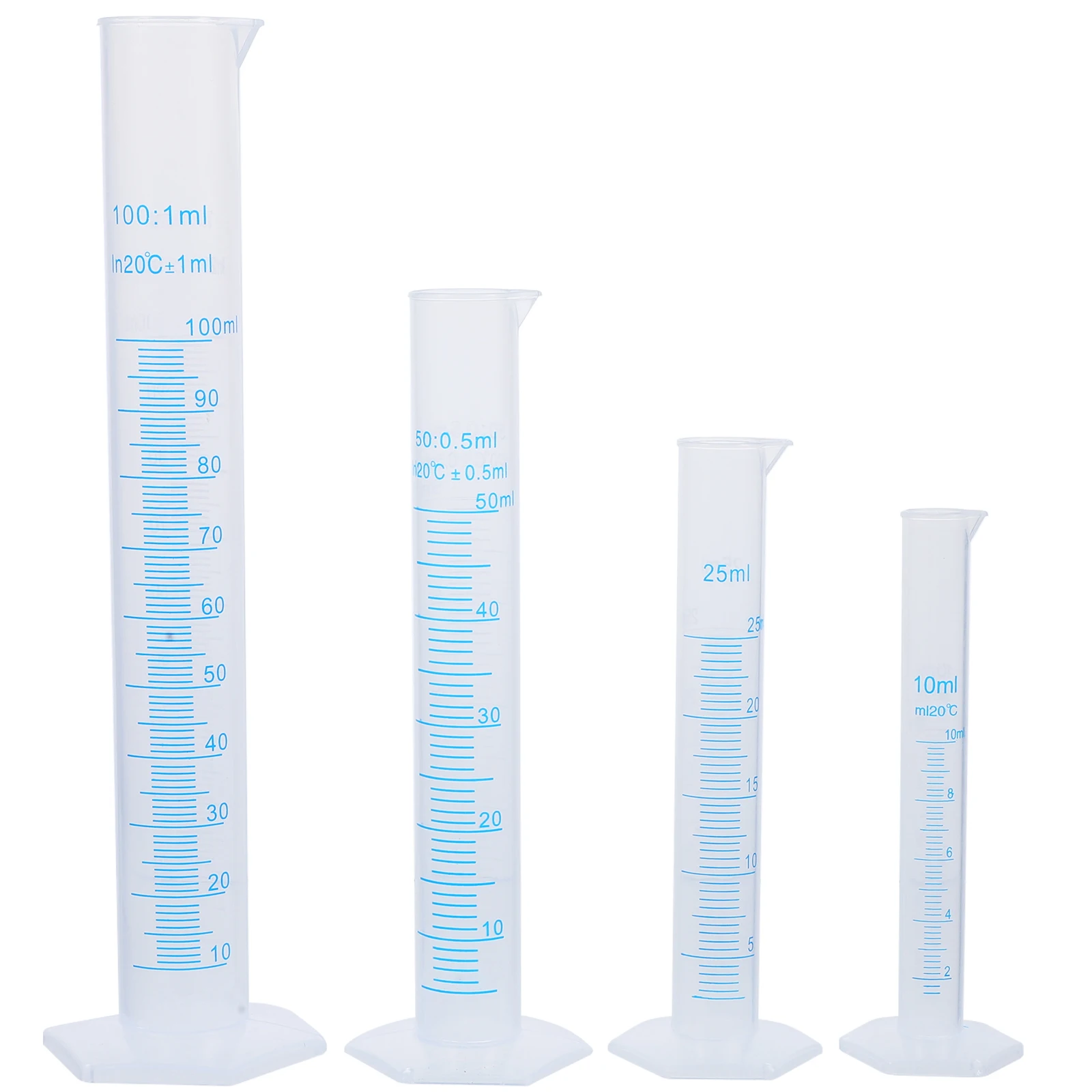 4pcs Transparent Measuring Plastic Graduated Cylinder Plastic Measuri Trial Test Liquid Tube Lab Tool 10ml / 25ml / 50ml / 100ml