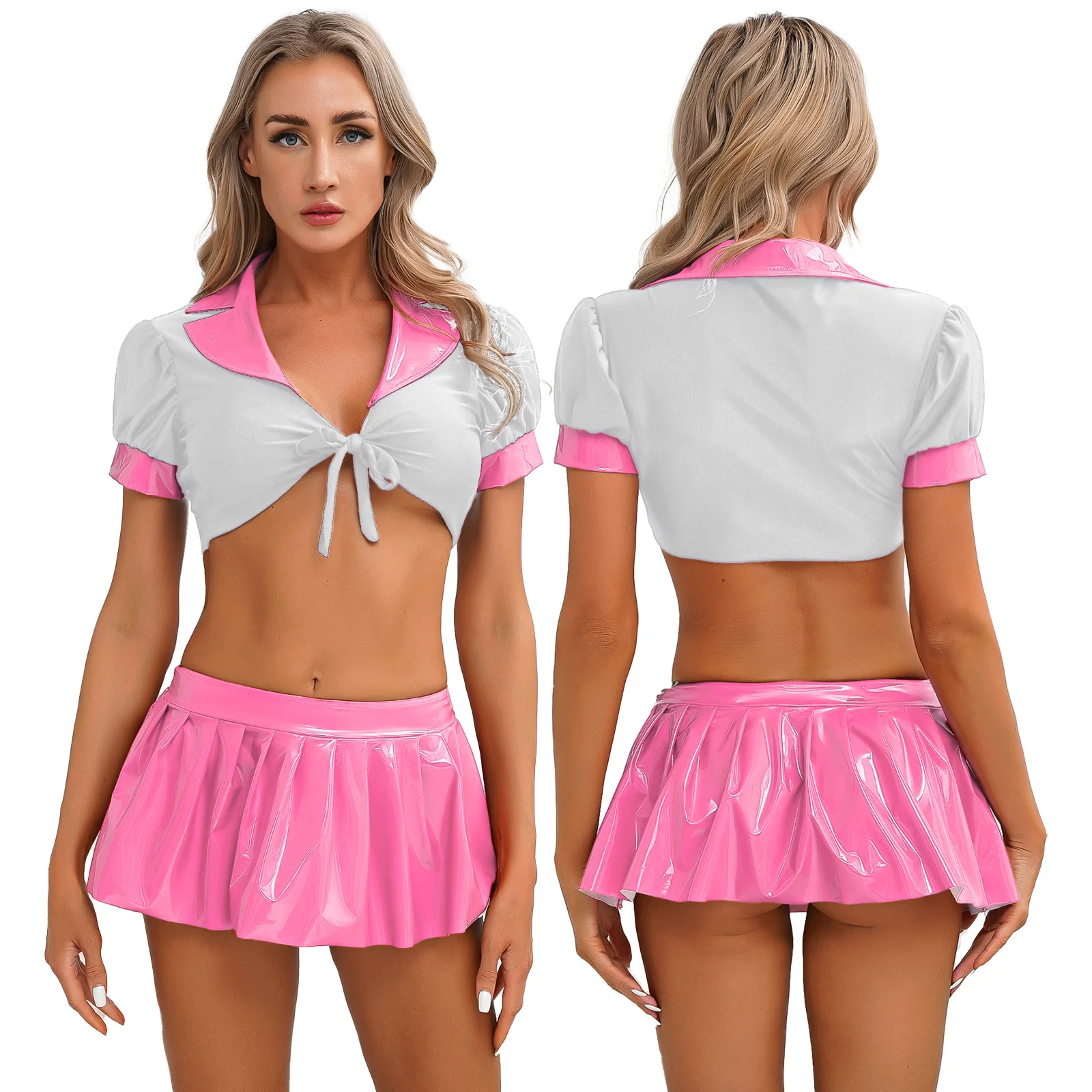 

Womens Two-Piece Set Schoolgirl Role Play Outfit Color Block Patchwork Lace-up Crop Top Patent Leather Pleated Skirt