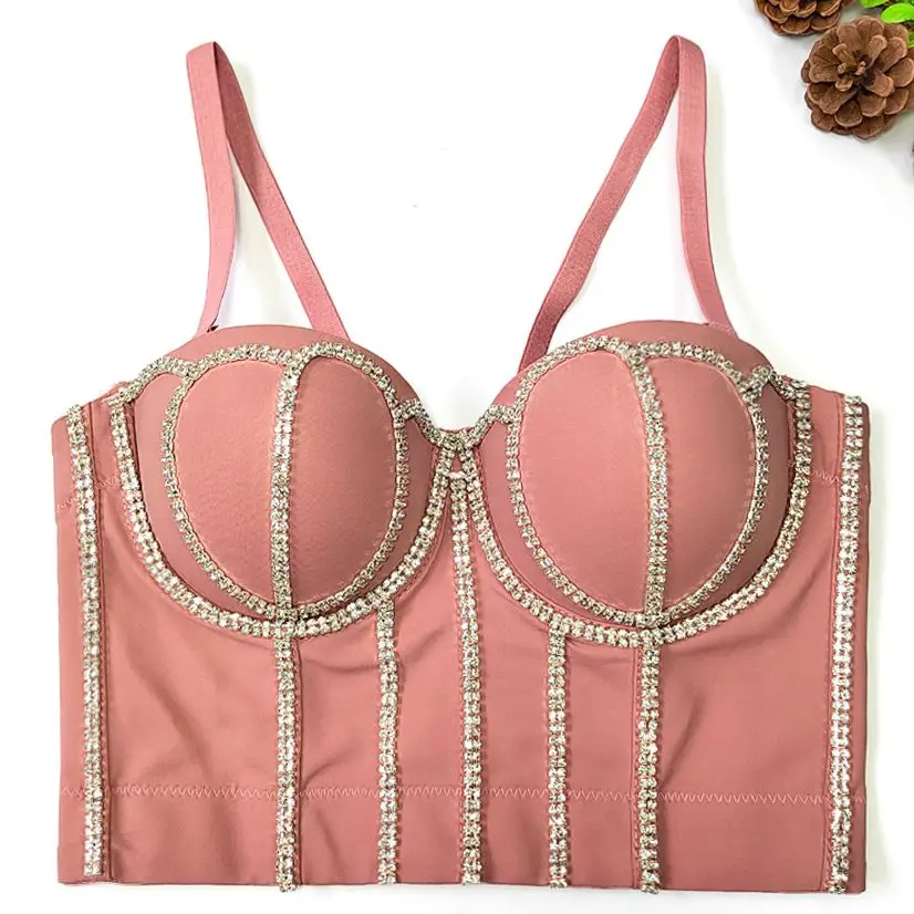 Women's Gold Rhinestone Push Up Bra Clubwear Party Bustier Crop