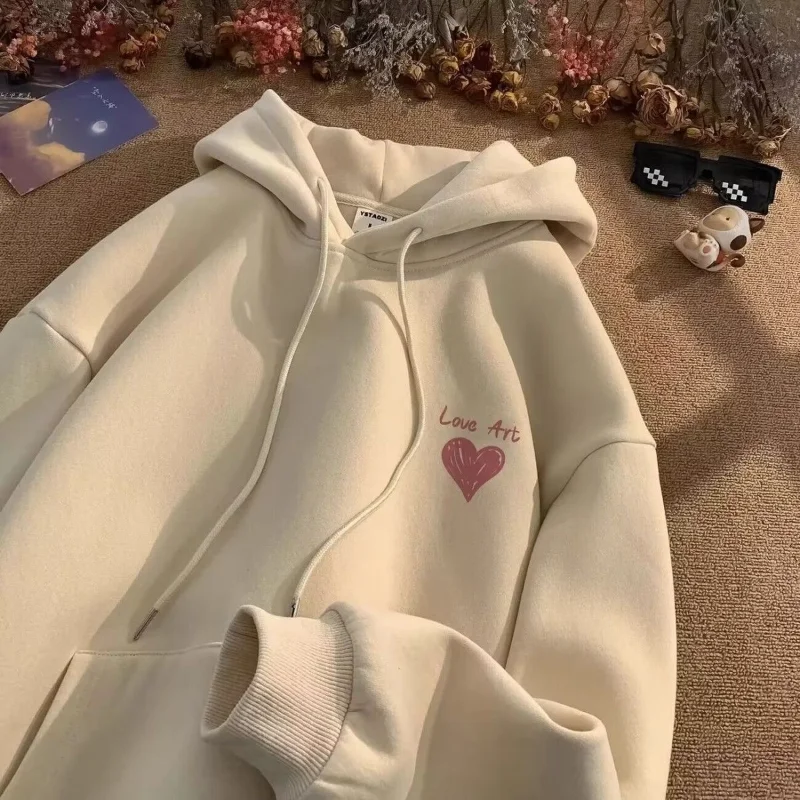 Female Autumn Winter New Love Print Loose Hoodies Sweatshirts Solid Color Simplicity Pullovers Top Casual Fashion Women Clothing