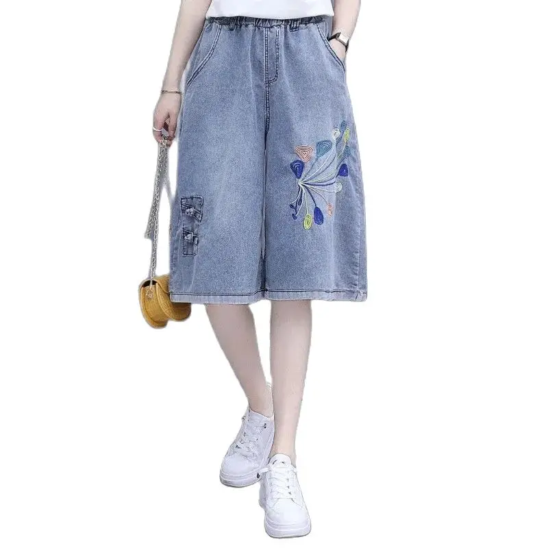 

Лето 2023, Новые облегающие свободные и вышитые джинсы-это женские универсальные широкие брюки с высокой талией.