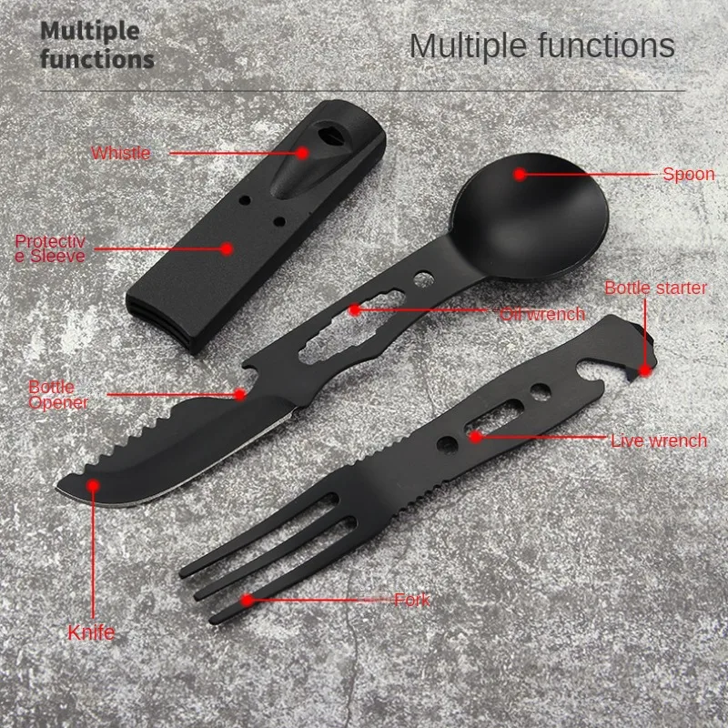 Outdoor Set Multi functional Camping Knives Camping Tableware Outdoor Wind Combination Stainless Steel with Whistle Spoon Fork camping knives pocket knives folding knife