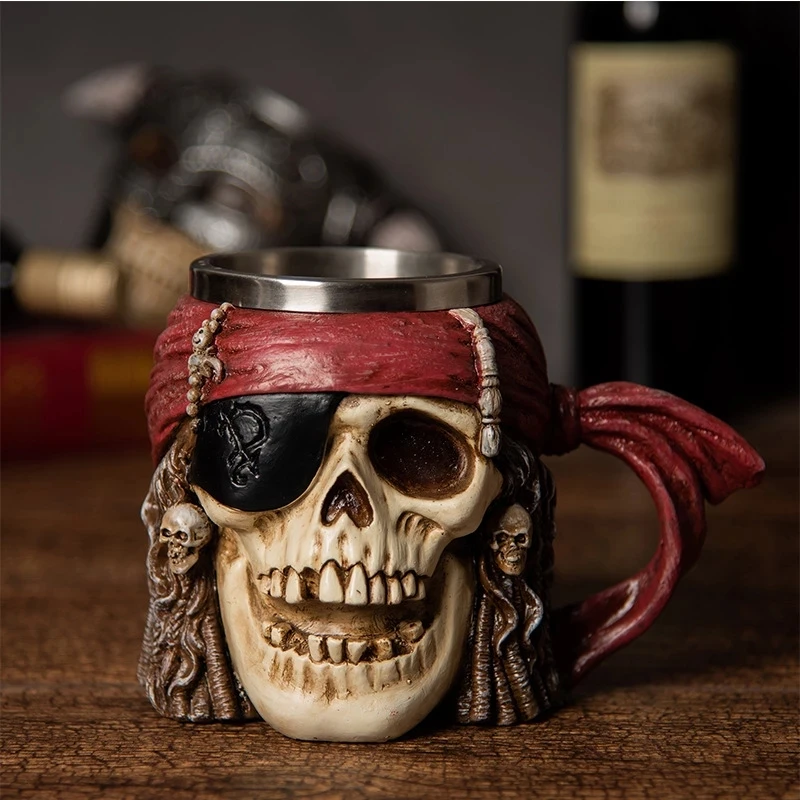 

Creative 3D Pirate Skull Beer Mug Large Capacity Coffee Cup Viking Stainless Steel Resin Strange Water Cup Boy Exquisite Gift