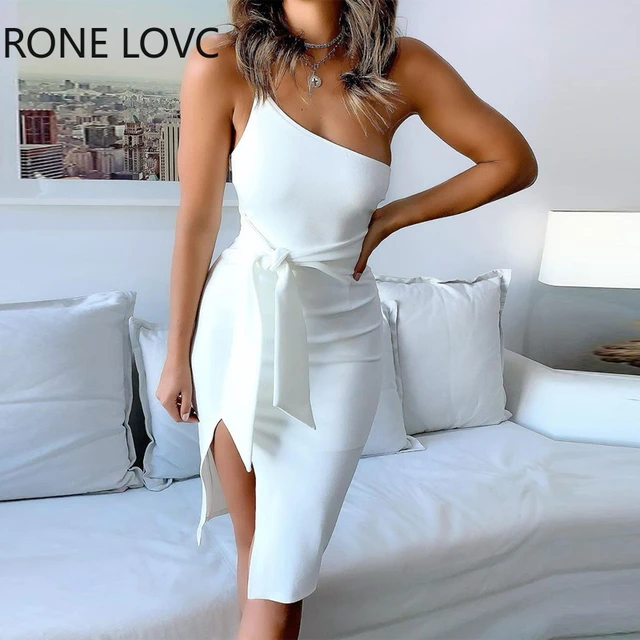 Vestido blanco elegante para mujer, liso, tirantes finos con cinturón,  ceñido al cuerpo, Sexy, Formal, fiesta - AliExpress