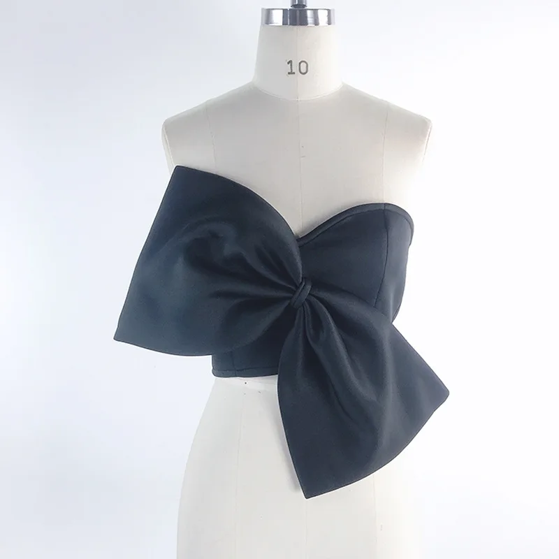 Prowow Sexy Big Bow Women's Tops Clothes Solid Color Zipper Crop Shirts 2024 New Design Summer Female Party Nightclub Wear