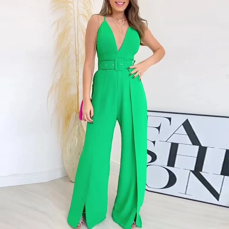 

Elegant Women Summer Jumpsuits Fashion Deep V Neck Spaghetti Strap Hollow Out Back Split Wide Leg Split Jumpsuit with Belt