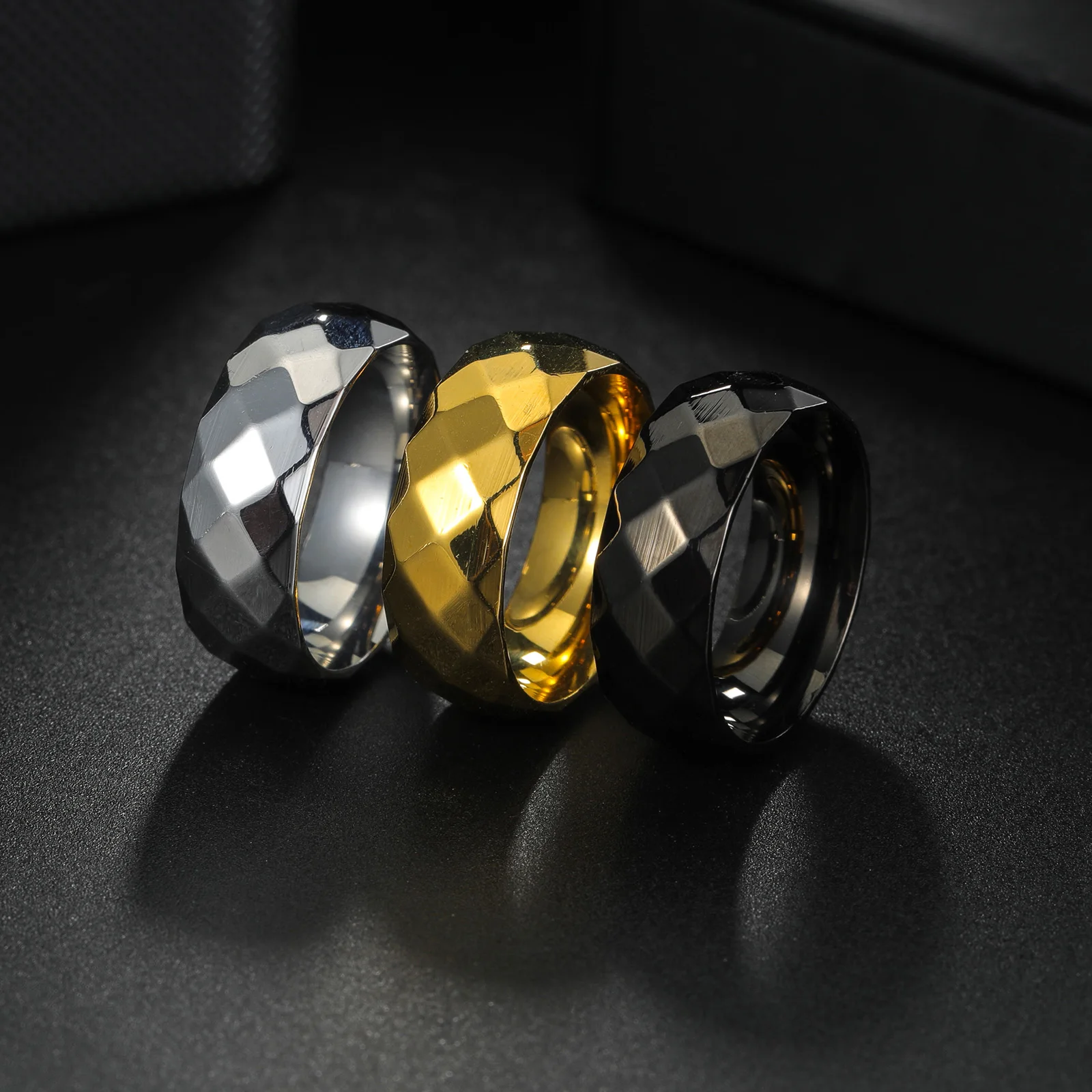 Polished Faceted Silvery Men's Stainless Steel Ring, 8mm Width, Size 6-13
