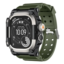 Premium TPU Strap with Metal Protective Case for Apple Watch - Anti - Fall Sports Band (Ti Black Green)