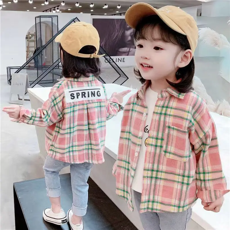 여아용 빈티지 격자 무늬 셔츠, 긴 소매 라펠 싱글 브레스트 가디건 베이스 티셔츠, 면 의류, 2-9 세 용수철 가을
