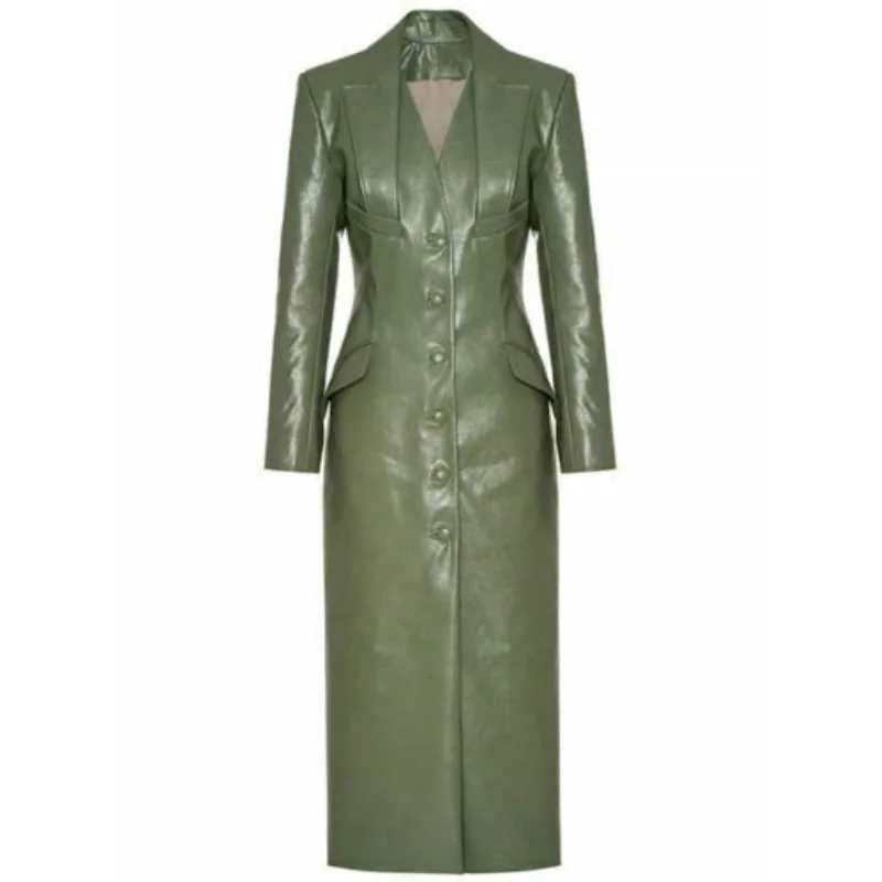 Luxury Women's Green Leather Pure Sheepskin Chelsea Leather Longcoat Fashion Trends