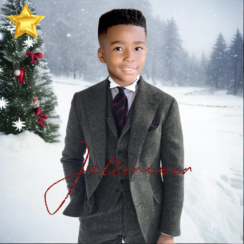 Gray Wool Tweed Winter Boy Suit's For Wedding Formal KidsTuxedo Herringbone Child Fashion 3 Piece (Jacket +Vest +Pants）