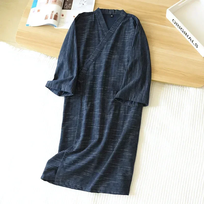 

Mens Men Cotton Spring V-Neck Bathrobe Tops Plus Sleep New Long Size Robes Striped Sleepwear Nightgowns Nightgown