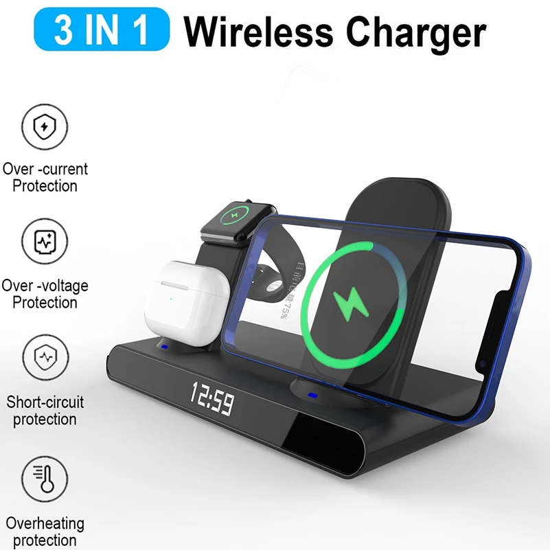 Wireless Charger 15w Fast Charger for Apple Mobile Phone Watch Headset Huawei Samsung Xiaomi 3 In 1 Clock Quick Wireless Charger apple charging station