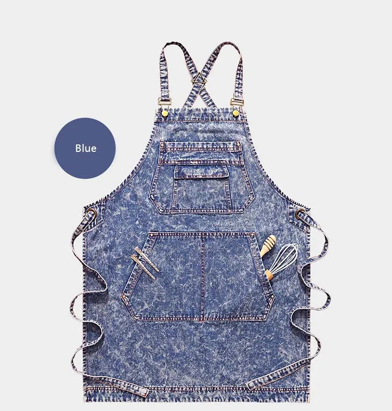 Schwarz-blaue Denim-Schürze mit verstellbarer Taille für Männer und Frauen, ideal für Restaurant, Café, Friseur, Bäckerei, Arbeit, heißes Waschen, wasserabweisend – Detail 21