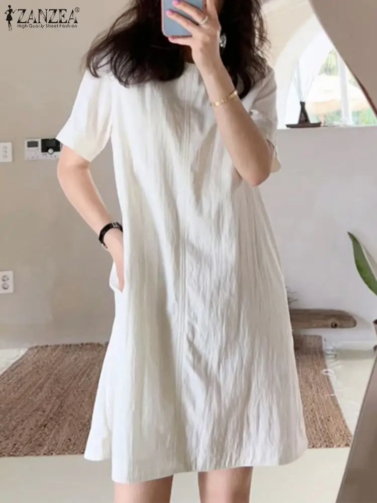 

Elegant Solid Party Knee-length Sundress ZANZEA Fashion Summer Work OL Shirt Vestido O Neck Short Sleeve Casual Dress Female
