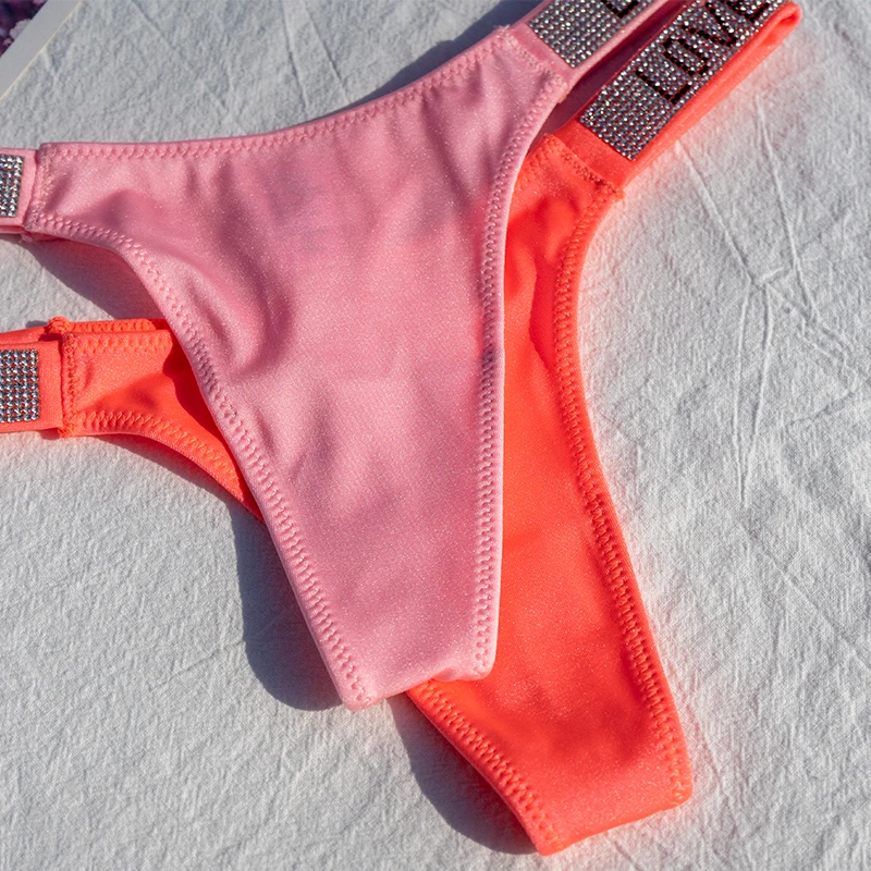 Women Swimsuit Bottoms Women Swimming Trunks Bikini Panties Shiny Rhinestone Sexy Swimsuits Lingerie Low Rise Nylon Female G-string Neon Color Bottom