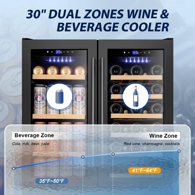 Tylza 30 Inch Wine and Beverage Refrigerator, Dual Zone Wine Beverage Cooler 30" with French Door, Under Counter Beer