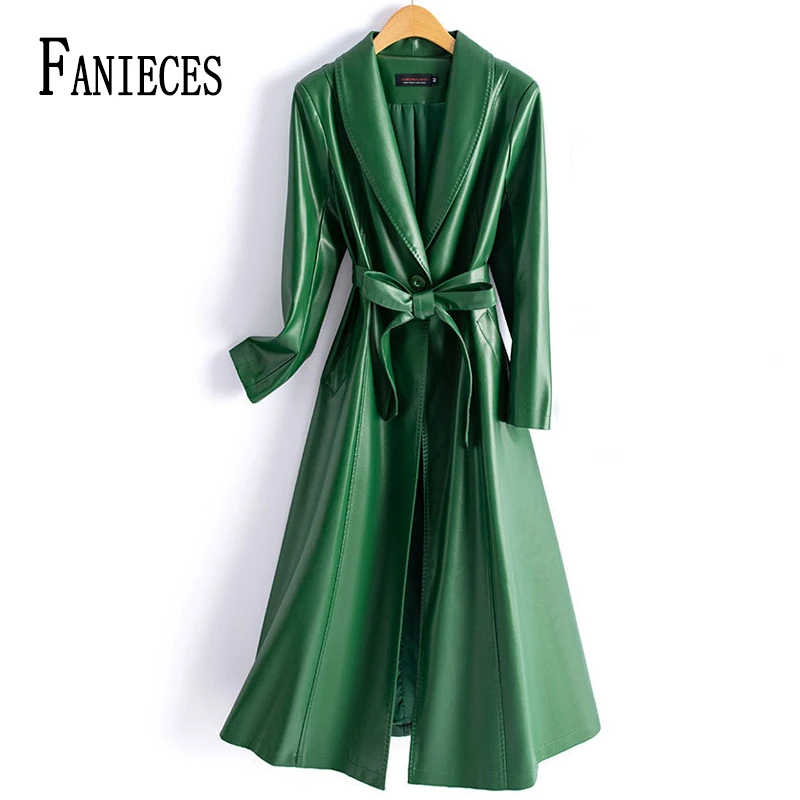 

FANIECES Plus Size M-5XL PU Leather Long Trench Coat For Women Autumn Winter Turn Down Collar Sheepskin Jacket With Belt 가죽자켓