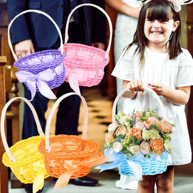 1PC Round Small Flower Storage Basket Hand-woven Flower Basket Imitation Rattan Woven Hand-held Flower Basket Home Decoration 2