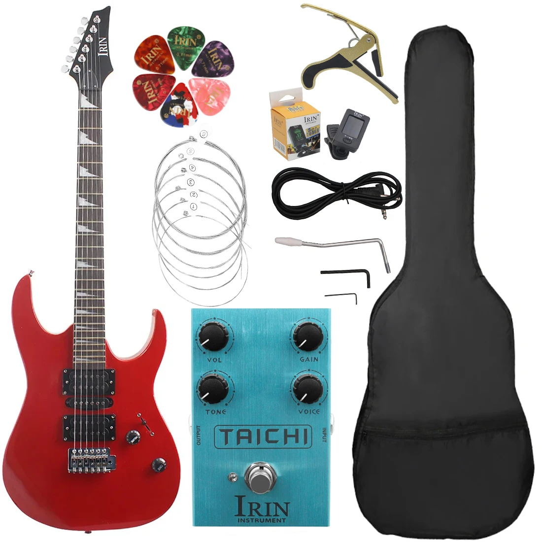 

Красная 6-струнная электрическая гитара, 24 лада, гриф из клена, электрогитара, ra с сумкой, тюнер, каподастр, чистящая ткань, педали, запчасти