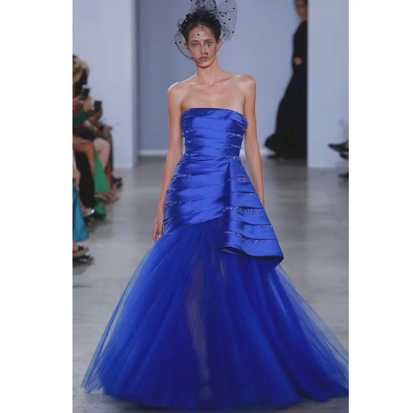 

Unique Royal Blue Mermaid Strapless Long Maxi Gowns Folds Satin Shiny Beaded Semi See Thru Formal Party Dresses Lace Up Back