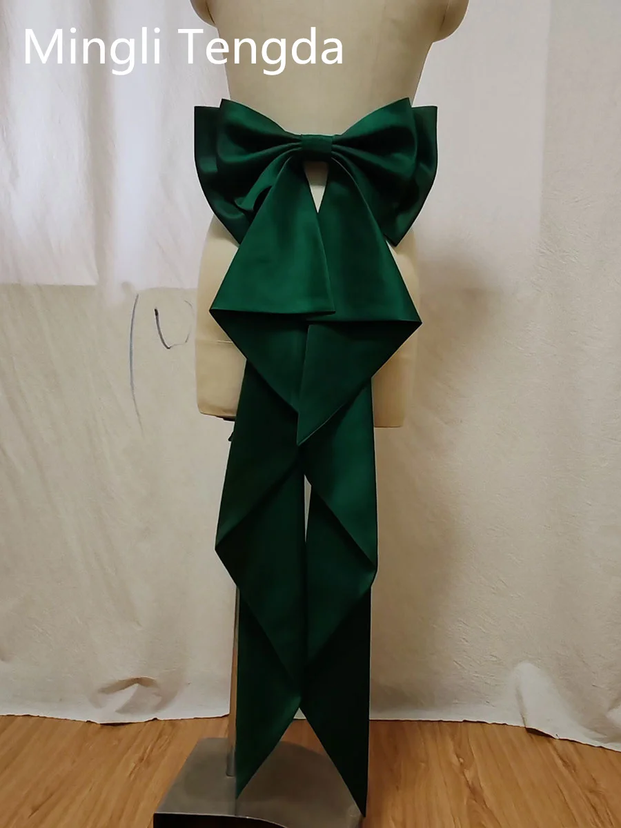 Mingli Tengda Dark Green Seperate Satin Bow Wavy Tie Wedding Knots Removeable Prom Dresses Satin Belts With Pin Accessories