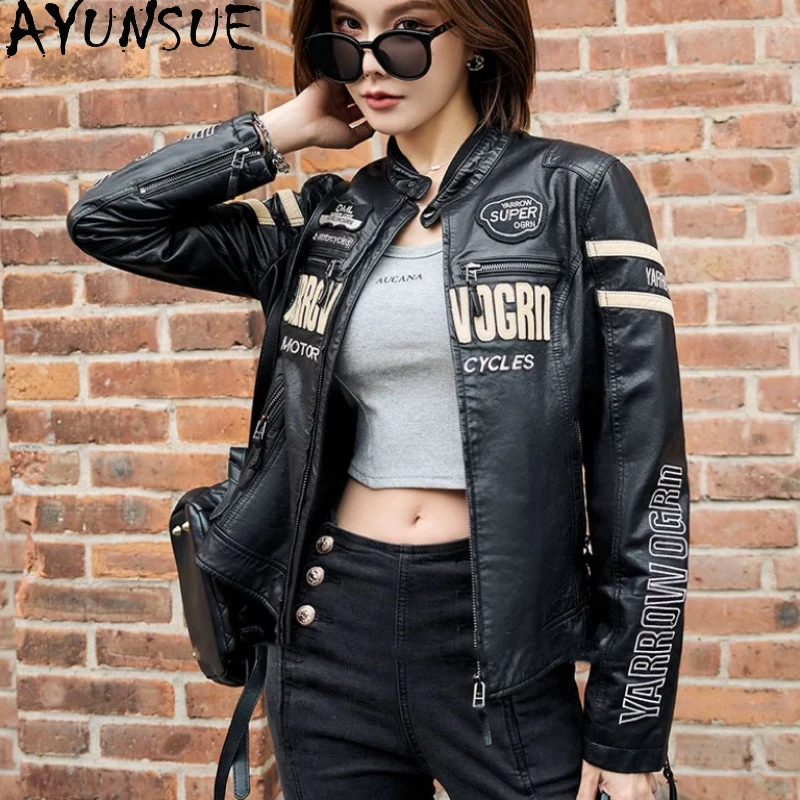 

AYUNSUE Real Leather Jacket Women Motorcycle Genuine Sheepskin Coat Women's Short Slim Leather Jackets Chaqueta Cuero Mujer