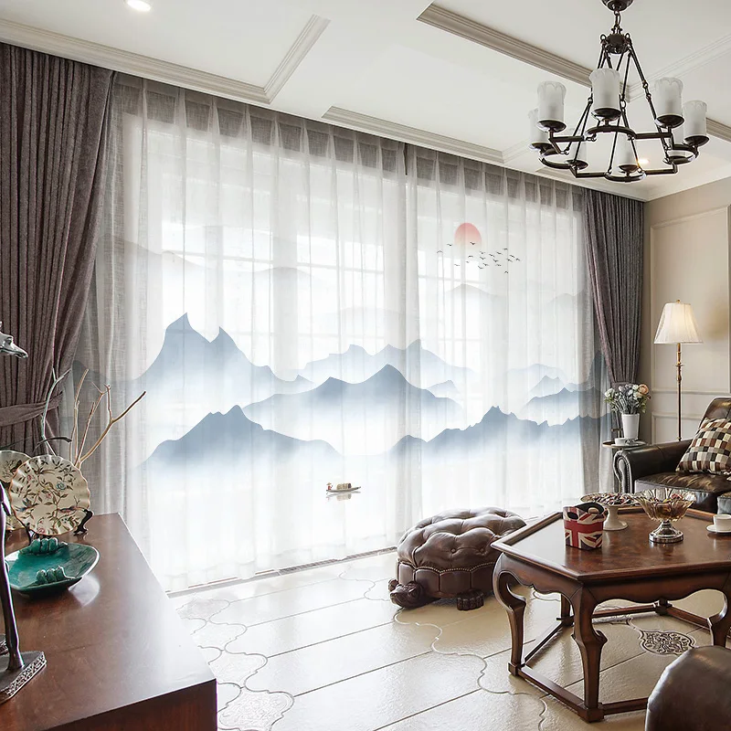 

Custom Chiffon Sheer Curtain Window Tulle Drape for Bedroom Living Room Mountain Hills Landscape Birds Sunrise Ink White