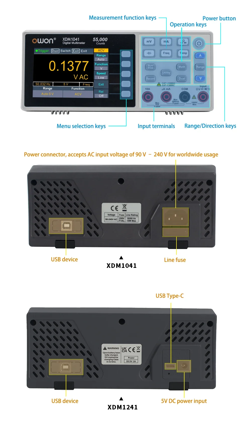 OWON XDM1041/XDM1241 Bench Digital Multimeter 4 1/2 Digits True RMS Current Voltmeter Temperature 3.5" LCD
