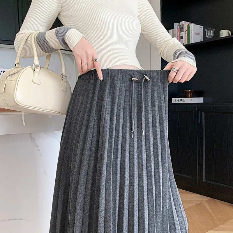 C72094# Maternity Skirt A Line Pleated Design Skirts Korean Style Maxi Dress Midi Pregnancy Skirt