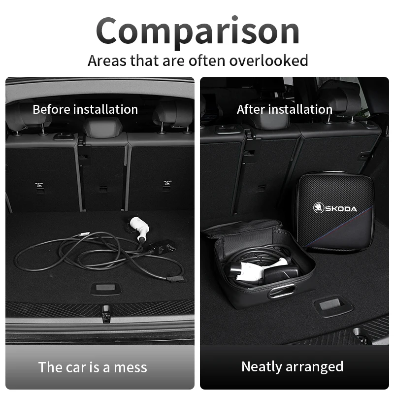 전기 자동차 충전기 케이블 정리 가방 Skoda Octavia VRS Rapid Kodiaq Fabia Karoq Superb Scala Kamiq 용 휴대용 핸드백