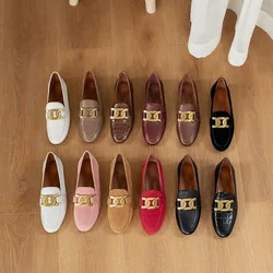 Loafers for Women 2022 Women's Loafers Kid Suede Cowhide Female Flat Shoes Brand Design with Metal Buckle Casual Mocasines luxe