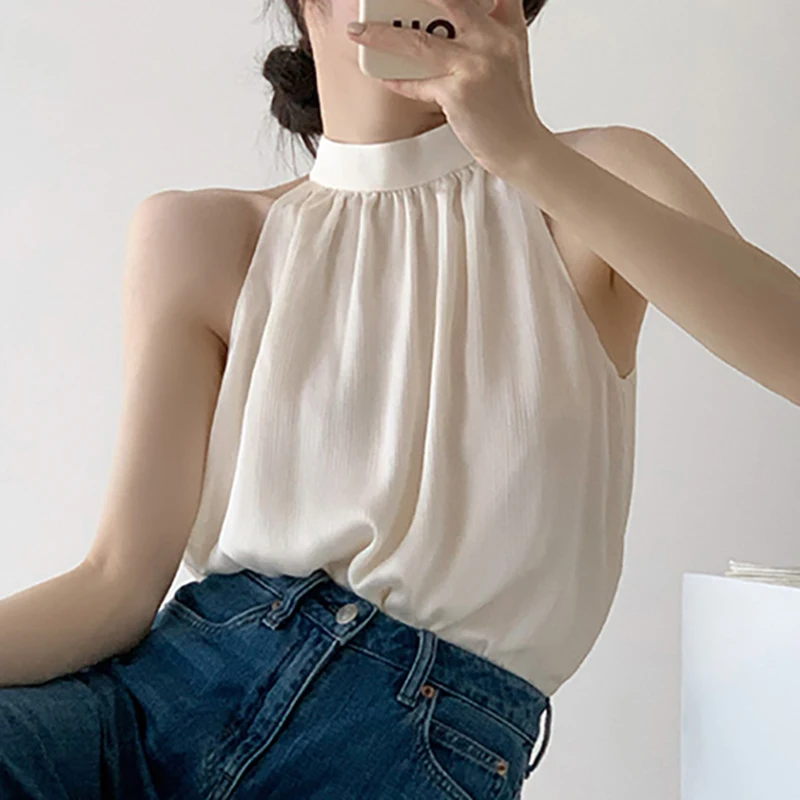 

Sexy Chiffon Halter Top Women 2023 Summer Fashion Off Shoulder Sleeveless Black Business Blouse Lady Elegant Chic Pullover Shirt