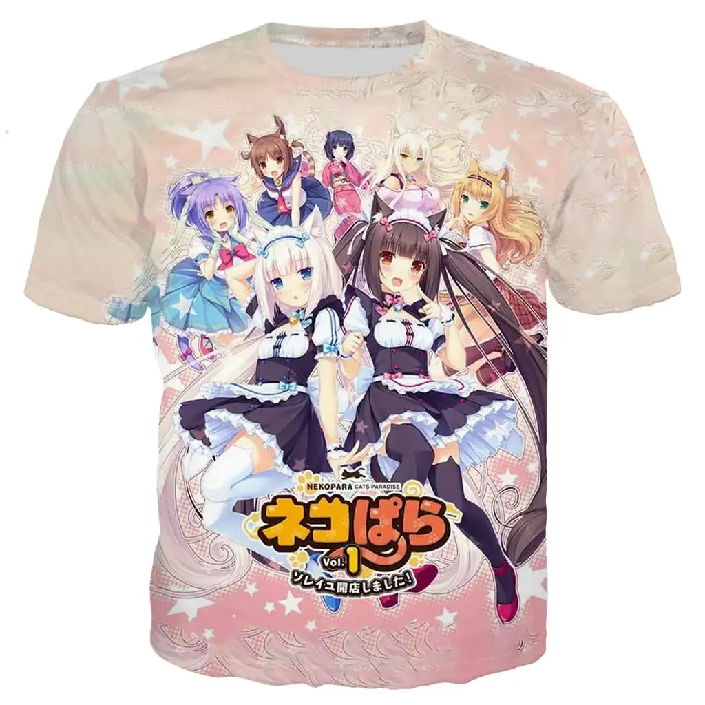 남성/여성을위한 새로운 쿨 티 Nekopara 초콜릿 바닐라 3D 인쇄 귀여운 애니메이션 짧은 소매 하라주쿠 스타일 스트리트 티셔츠 탑