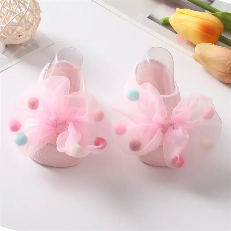 Korean Baby Pompom Gauze Socks with Bow for Girls Rubber Anti-slip Newborn Infant Princess Socks Little Girl Socks 0-3 Years Old 3