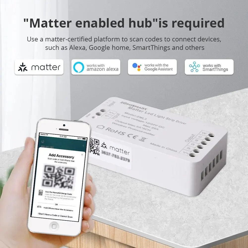 Zemismart Matter over WiFi LED 스트립 라이트 컨트롤러, RGBCW 스마트 LED 드라이버 지지대, 스마트싱스 알렉사 구글 홈 앱 제어