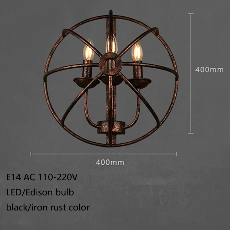 

Loft Industrial round style black iron rust retro 3 lights wall lamps E14 LED wall lights sconce for living room bedroom bar