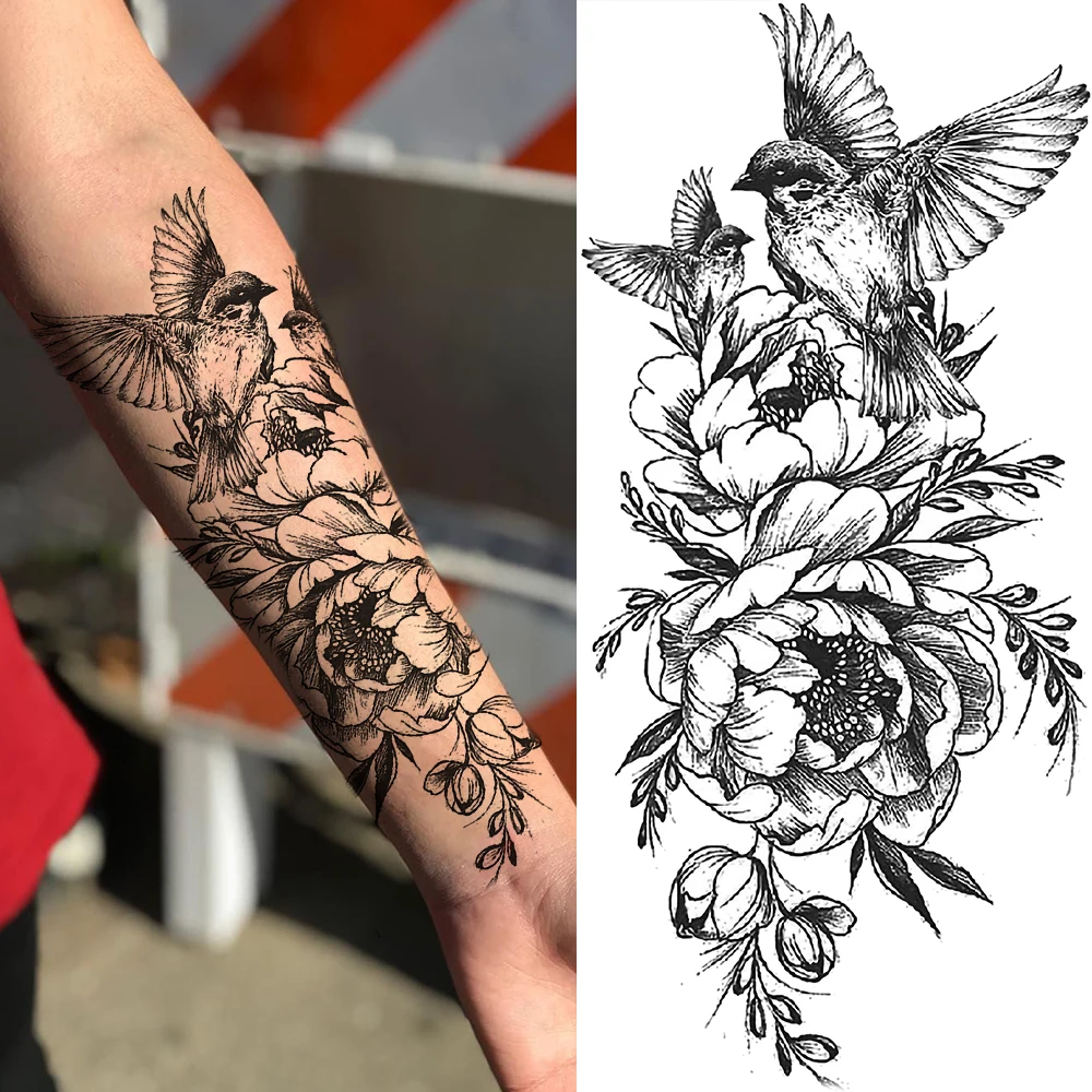 

Временные татуировки для женщин, "черные пионы, цветок, колибри", лотос, змея, компас, искусственная татуировка, боди-арт, живопись, тату-наклейки
