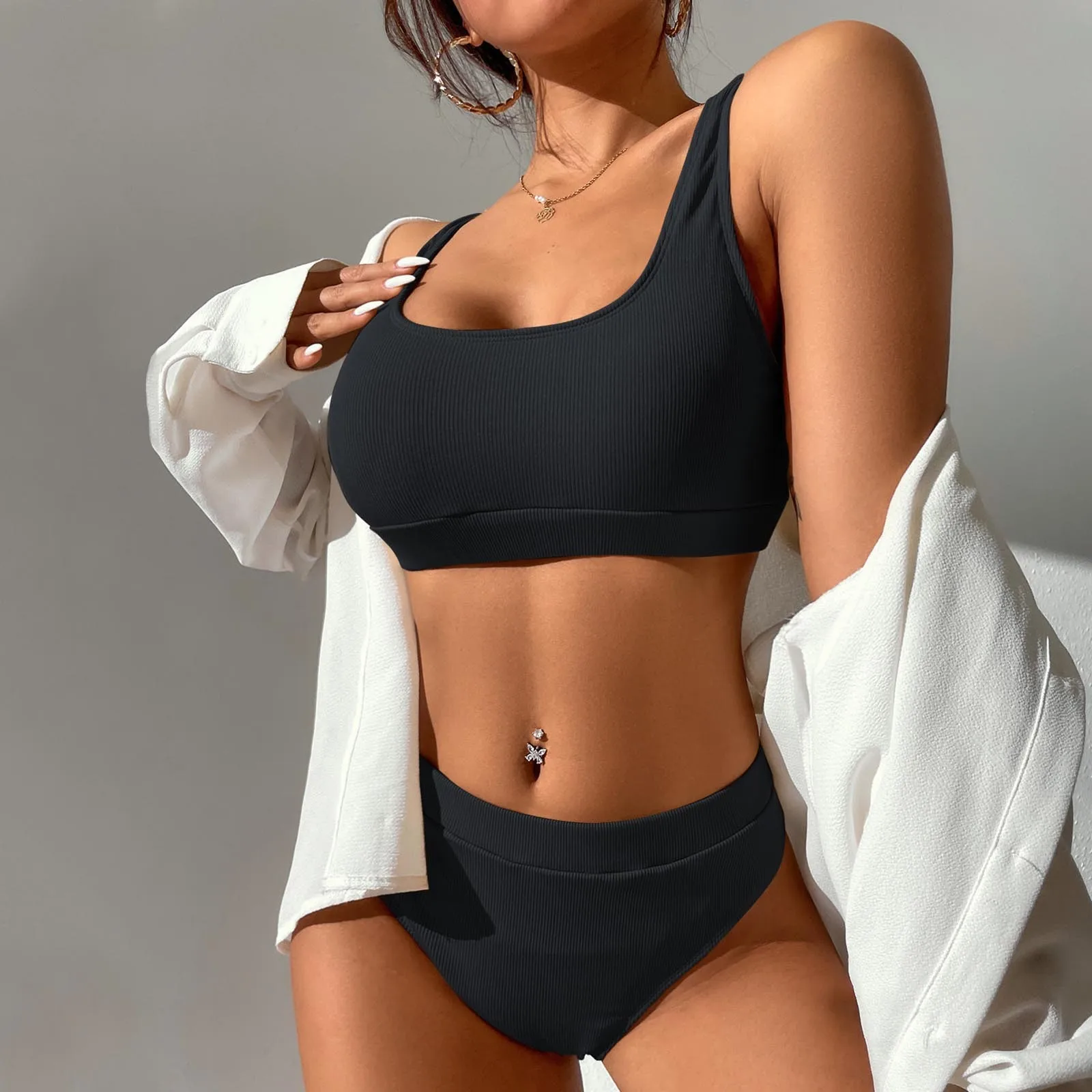 

Женский Соблазнительный комплект бикини, однотонная пляжная одежда из двух предметов с открытой спиной, горячая пикантная купальная одежда с высокой талией, Классический Модный купальник пуш-ап