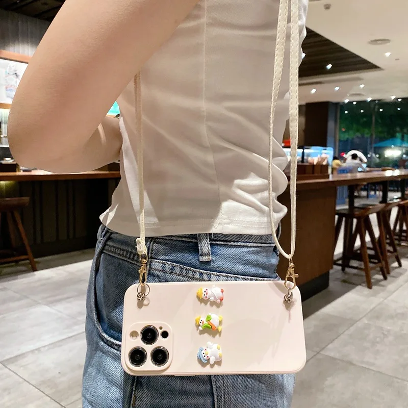 Cute Lanyard Silicone Cover For iphone 16 15 7 8 plus X XR XS Max For iphone 12 13 14 mini 11 Pro Max Lovely 3D Cartoon Animal Case_voghion.com