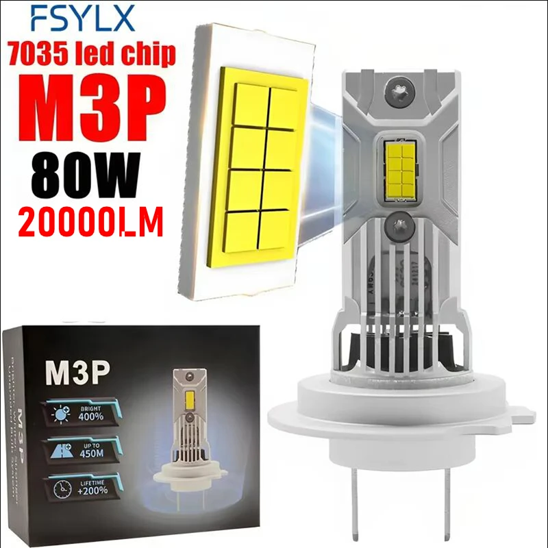 M3P H7 LED ไฟหน้าหลอดไฟมินิไร้สาย 80W 20000LM 6000K CSP สําหรับไฟหน้ารถอัตโนมัติไดโอด H7 Turbo LED 12V รถยนต์ 1